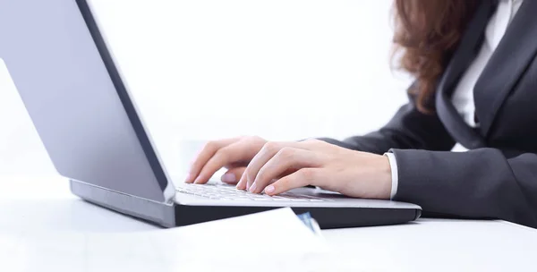Woman working at home office hand on keyboard close up — Stock Photo, Image