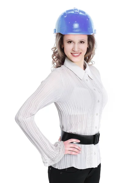 Retrato de engenheiro feminino confiante .isolated no branco — Fotografia de Stock