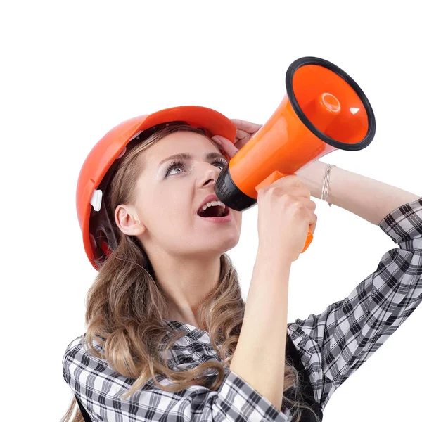 Giovane ingegnere donna con un megafono .isolato su bianco — Foto Stock