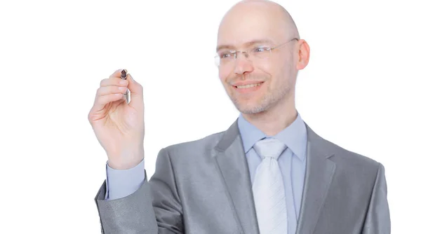 Handsome businessman pointing the marker at the virtual point — Stock Photo, Image