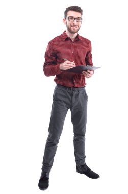 kalem ve clipboard.isolated beyaz ile başarılı genç tasarımcı.