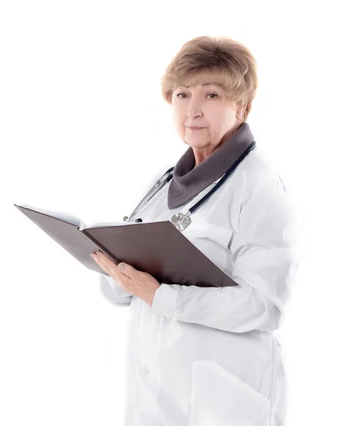 Experienced female pediatrician doctor with clipboard. isolated on white background Stock Picture