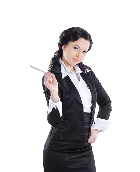 Femme d'affaires réussie pointant avec stylo sur copie space.isolated sur blanc — Photo
