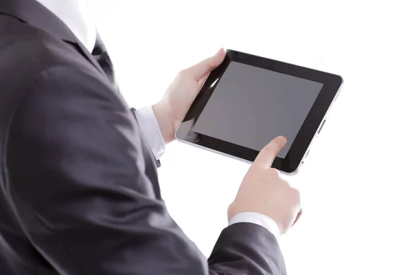 Cerca Hombre Negocios Usando Tableta Digital Foto Con Espacio Copia — Foto de Stock