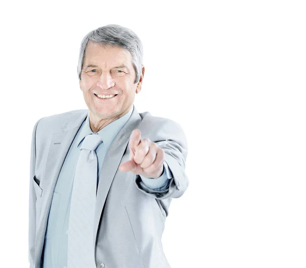 Businessman in age, points his finger. Isolated on a white background. — Stock Photo, Image