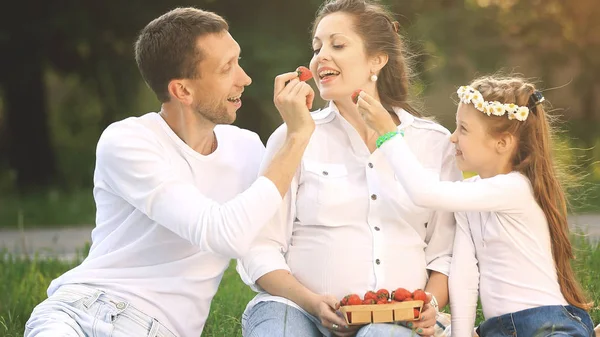 Ritratto di famiglia, madre incinta, padre e figlia felici su un — Foto Stock