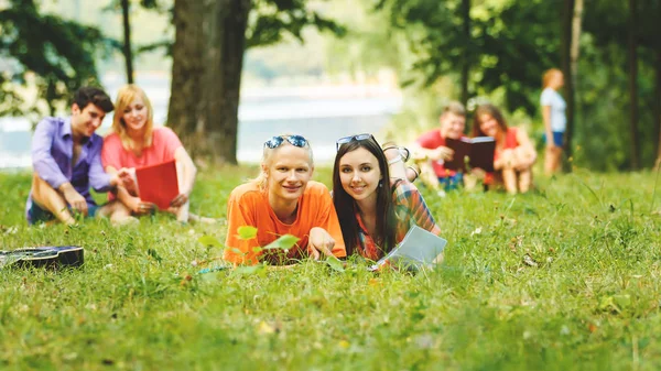 Úspěšní studenti dvojice s učebnicí v parku na slunné da — Stock fotografie