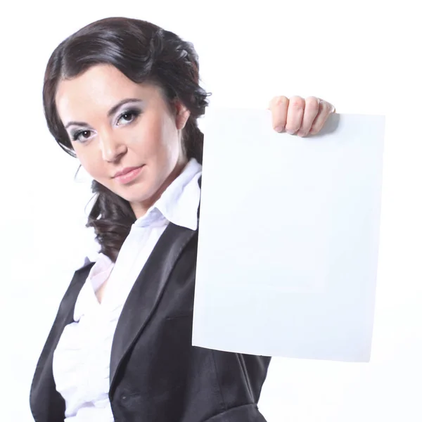 Joyeux sourire jeune femme d'affaires tenant plaque vierge. Isolé sur blanc — Photo