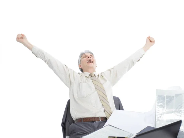 The businessman at the age of works for the laptop. Isolated on a white background. — Stock Photo, Image