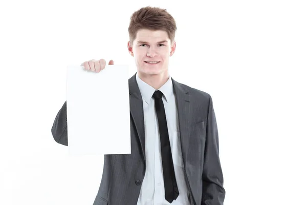Mladý podnikatel ukazující prázdný list.izolovaný na bílém — Stock fotografie