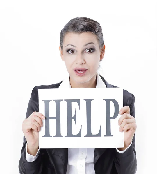 Frustrated business woman showing paper ,writing help — Stock Photo, Image