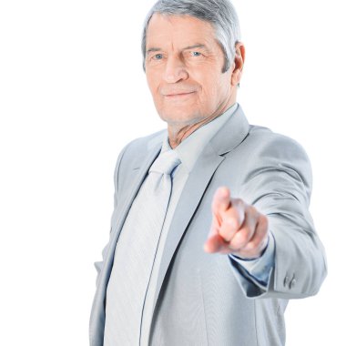 yaşında, güzel iş adamı işaret parmağı. Beyaz bir arka plan üzerinde izole.