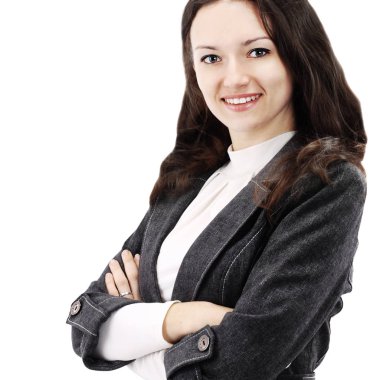 Başarılı iş kadını kendine güvenen ve gülümseyerek arıyorum. Beyaz arka plan üzerinde izole