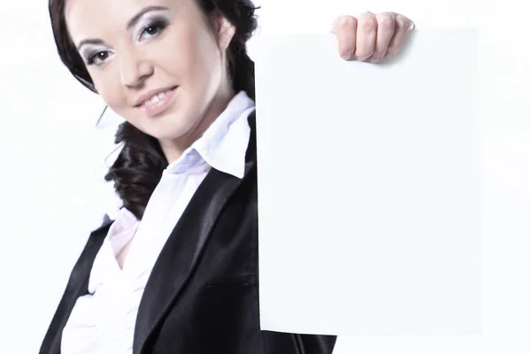 Happy Smiling Young Business Woman Holding Blank Placard (em inglês). Isolado em branco — Fotografia de Stock