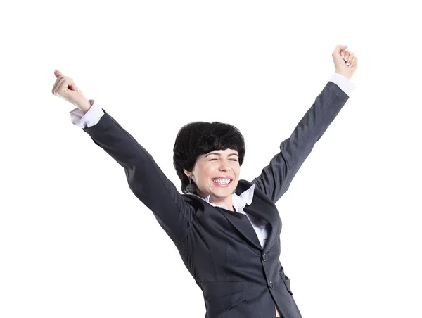 Donna d'affari di successo alza le mani. Isolato su sfondo bianco — Foto Stock