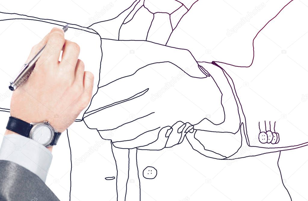 hand draws handshake of businessmen on white background