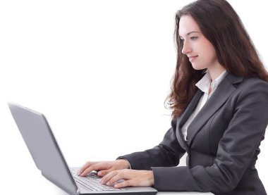 bir dizüstü bilgisayarda yazarak yan view.business kadın.