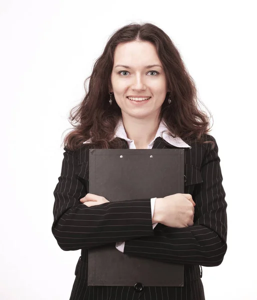 Joven mujer de negocios con documents.isolated en un blanco — Foto de Stock