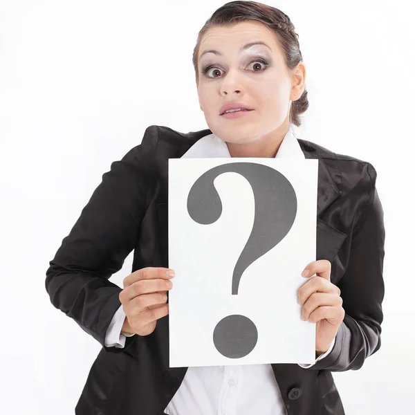Confused business woman showing a question mark. — Stock Photo, Image