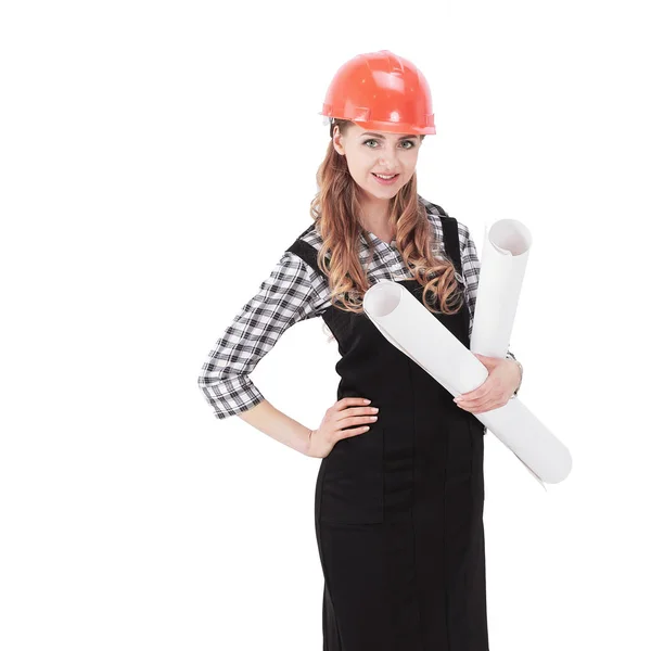 Jonge vrouw ingenieur-architect met de tekeningen. — Stockfoto