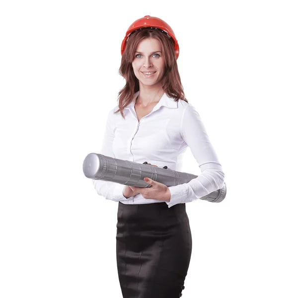 Portrait of a young woman architect with orange hard hat and drawings — Stock Photo, Image