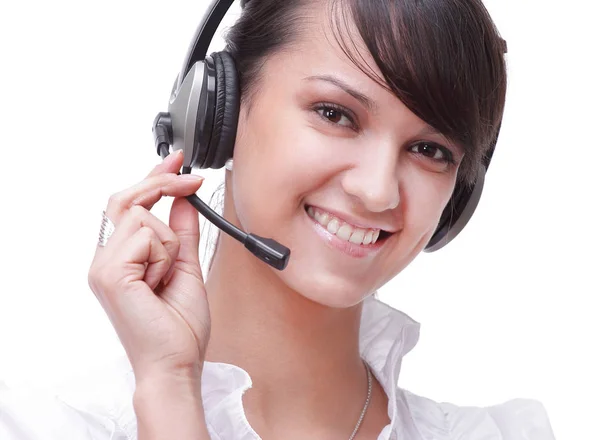Close-up retrato de uma mulher sorridente operador de um call center — Fotografia de Stock