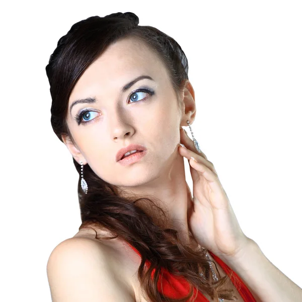 Menina bonita no vestido vermelho. Isolado sobre um fundo branco . — Fotografia de Stock