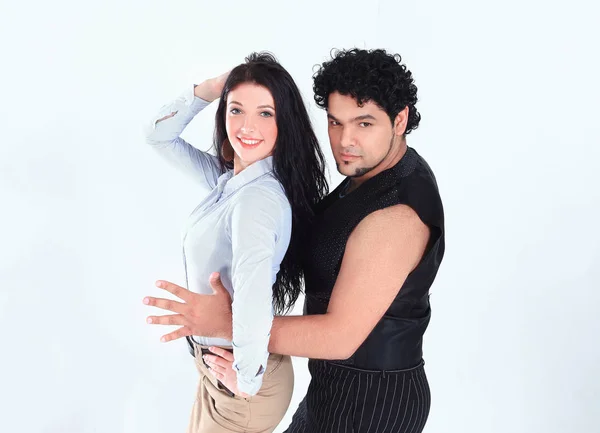 Porträt eines stilvollen Tanzpaares auf weißem Hintergrund — Stockfoto