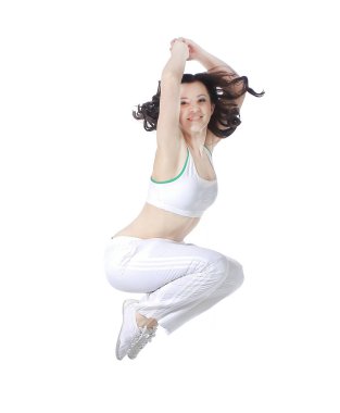 Sevimli genç kadın Happily.Photo beyaz arka plan üzerinde dans