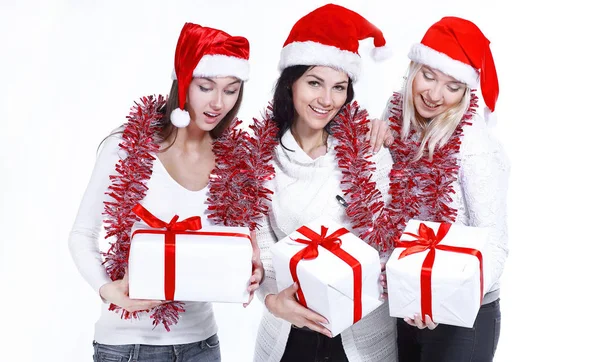 Grupo Estudantes Sexo Feminino Traje Papai Noel Com Presentes Natal — Fotografia de Stock