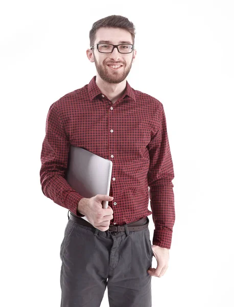 Moderne jonge man met een laptop. geïsoleerd op wit — Stockfoto