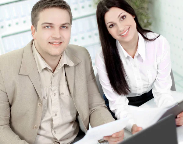 Close-up of two employees on the background of the office — Stock Photo, Image