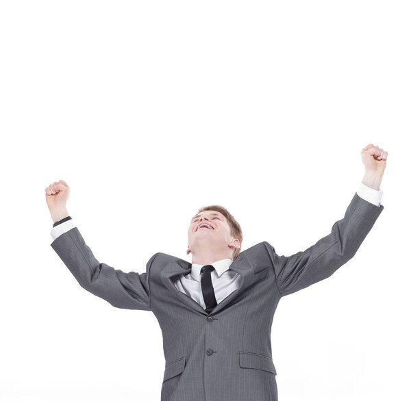 Very happy successful gesturing young business man