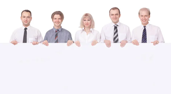 Members of the business team holding a large blank banner. — Stock Photo, Image