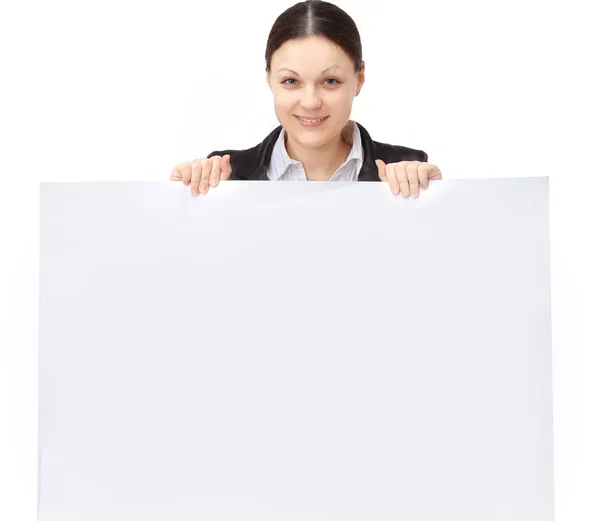 白紙の横断幕を保持している会社の若い女性社員 — ストック写真