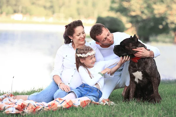 Família feliz com cão de estimação no piquenique em um dia ensolarado de verão. prenhina — Fotografia de Stock