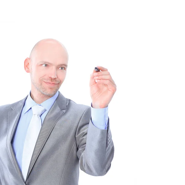 Young businessman makes a record. Isolated on a white background. — Stock Photo, Image