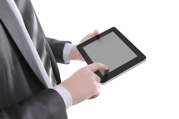 Nahaufnahme: Geschäftsmann tippt auf den Bildschirm des digitalen Tablets — Stockfoto