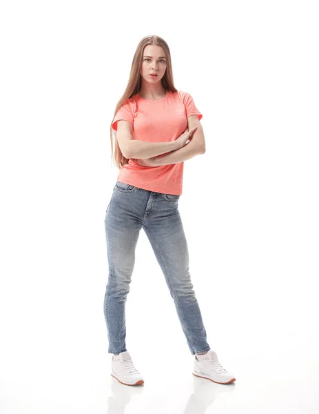 Retrato de uma jovem mulher confiante.isolado no fundo branco — Fotografia de Stock