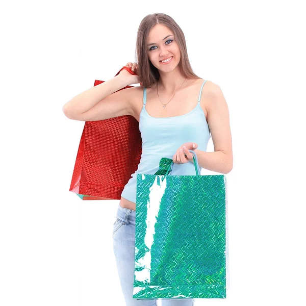 Mujer moderna con bolsas de compras. aislado sobre un fondo blanco —  Fotos de Stock