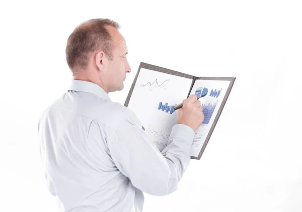Side view.the businessman checks the financial report — Stock Photo, Image