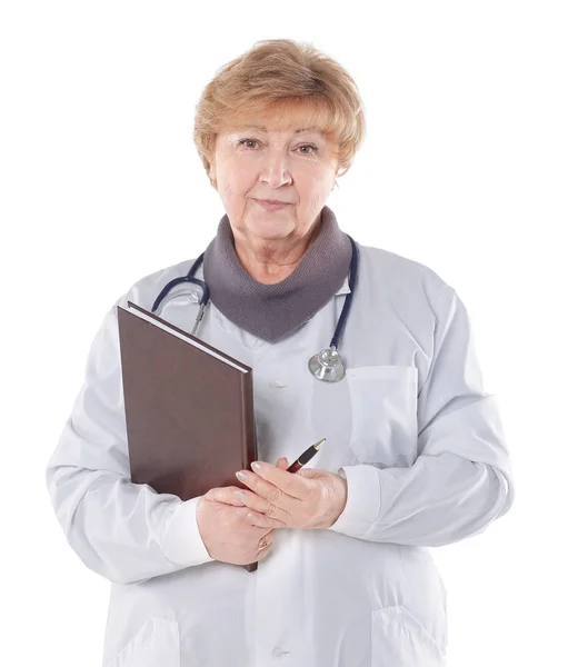 Older female therapist with a clipboard.isolated on white background Stock Photo