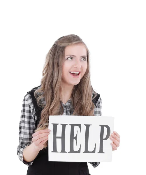 Junge Geschäftsfrau zeigt ein Blatt mit der Aufschrift "Hilfe" — Stockfoto
