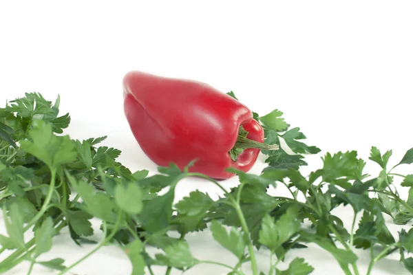 Pimentão vermelho, e um ramo de salsa isolado no backgr branco — Fotografia de Stock