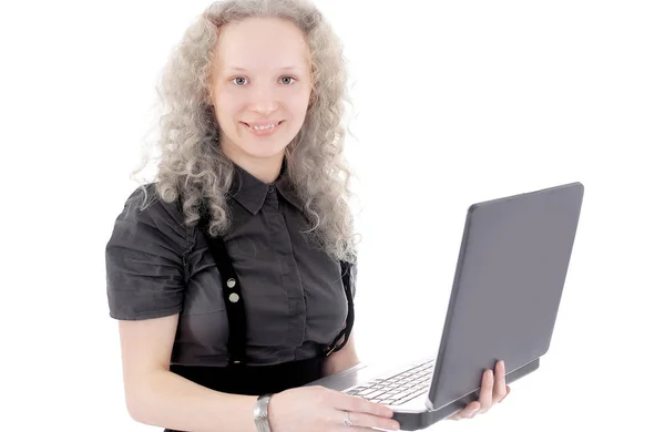 Giovane donna d'affari che lavora su laptop.isolated su bianco — Foto Stock