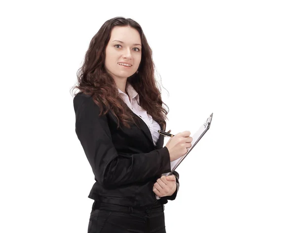 Assistente femminile con documents.isolated su un bianco — Foto Stock