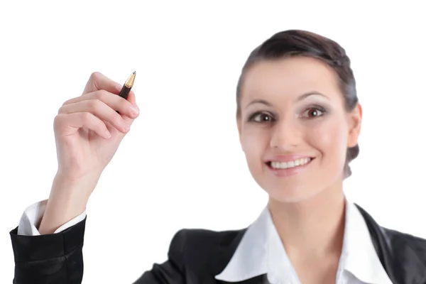Geschäftsfrau zeigt mit Bleistift auf den virtuellen Punkt Stockbild