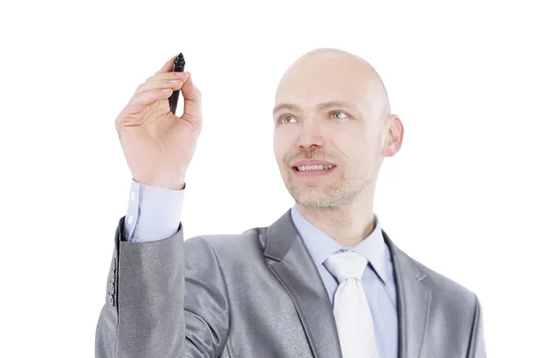 Hombre de negocios serio apuntando un marcador en el punto virtual.i — Foto de Stock