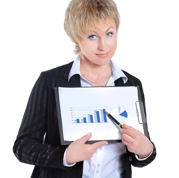 Close seup.business woman showing graph on financial. изолированные на белом . — стоковое фото