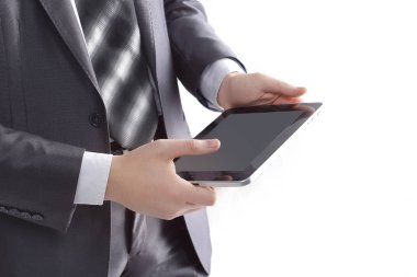 up.Businessman dijital tablet, kopya alanı ile fotoğraf ile kapatmak